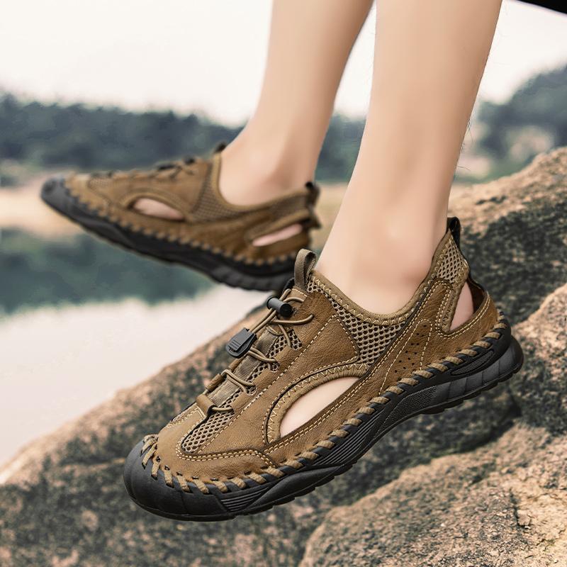 Herren-Sandalen aus Mikrofaser-Leder, handgenäht, atmungsaktives Mesh, lässig, weich