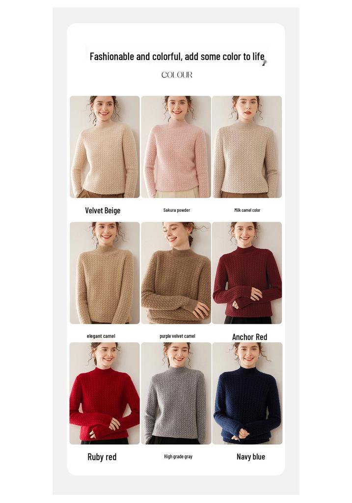 Women's Half-High Collar Cable Knit Cashmere Sweater - Korean Style Thick Pullover for Autumn and Winter