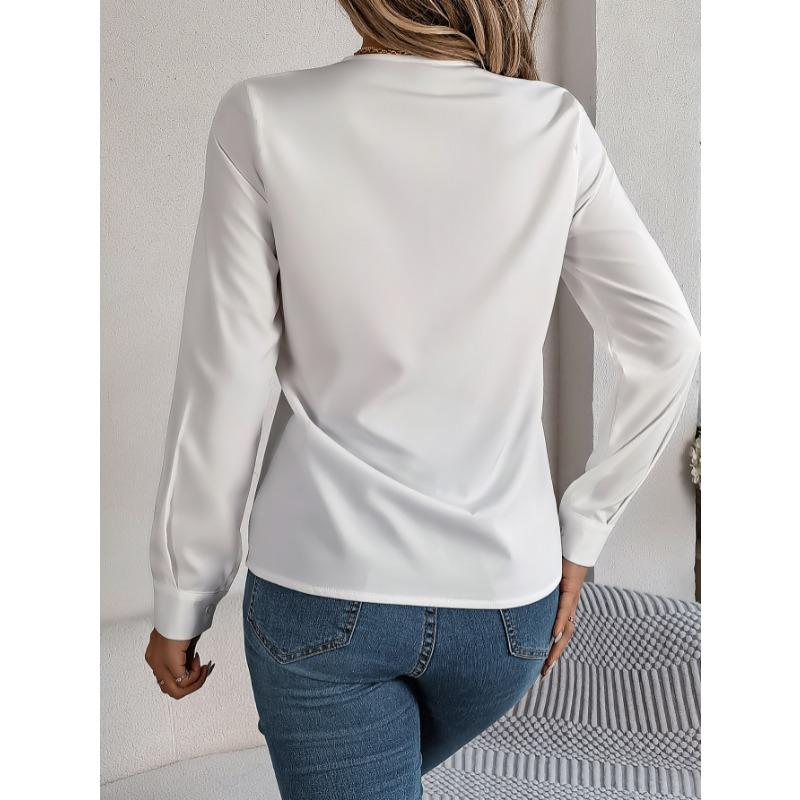 Elegant Fashion Layered V-neck Long Sleeved Women Shirt Solid Color Loose Casual Simple Office Blouse Ladies Basic Spring Autumn Tops Women's Clothing