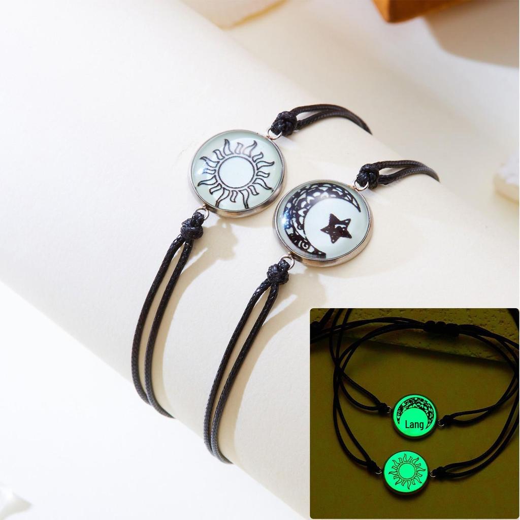 Sun & Moon Stainless Steel Luminous Couple Bracelet, Woven Friendship Rope for Valentine's Day