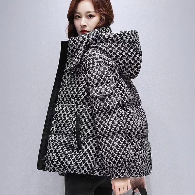 Women Winter Short Fluffy Warm Jacket Hooded Plaid Plus Size Jacket Casual Outdoor Jacket