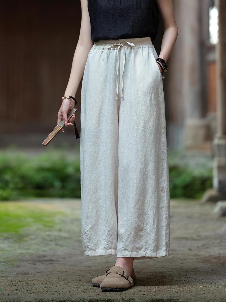 Spring Literary Linen Balloon Wide-Leg Pants - Women's Washed Cotton Nine-Point Loose Fit