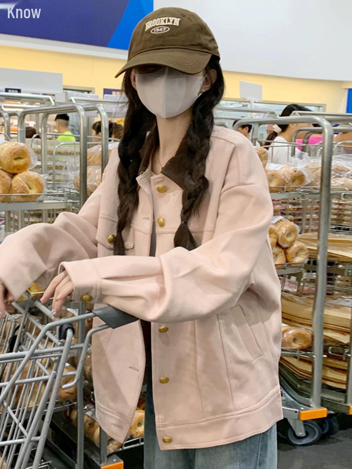 Pink Suede Women s Baseball Jacket - Spring 2025 Korean Style, Sweet & Casual Luxury L розовый
