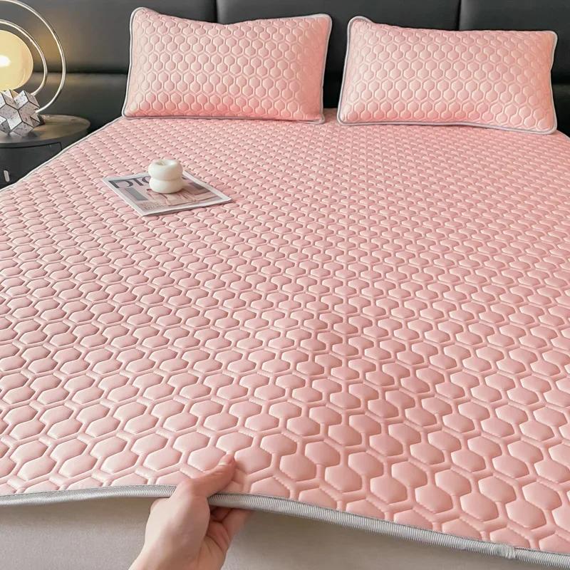 Soft Thicken 4mm Latex Filling Summer Bed Mat and Pillowcase Smooth Cool Feeling Bed Sheet Set Sleeping Cooling Mats Ice Silk