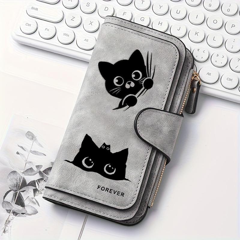 Women's Black Striped Cat Long Wallet Multi-functional Snap Button Coin Purse Ideal Gift for Cat Lovers Daily Use and Outdoor Activities