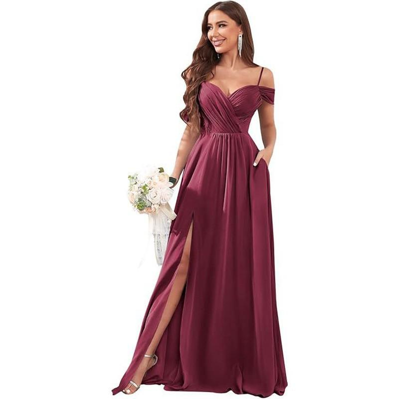 1011 new evening dress European and American bridesmaid dress suspender long dress solid color banquet evening dress
