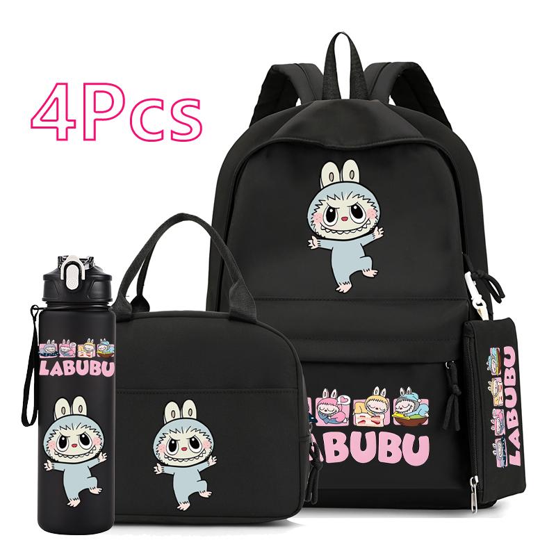 4Pcs/set Cute Anime Printed Backpack 750Ml Outdoor Sports Water Bottle Girl Boy Teen Student Schoolbag Child Kid Large Capacity Bookbag