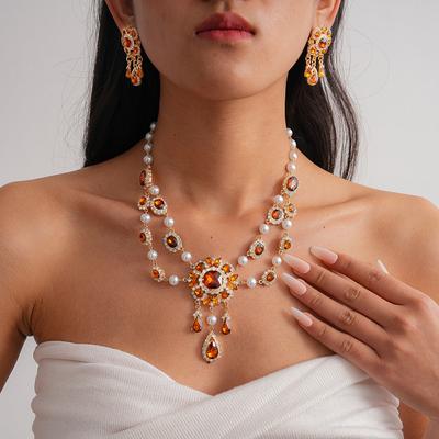 Medieval Imitation Pearl with Diamonds Square Water Drop Necklace Collarbone Chain Niche Item Decoration