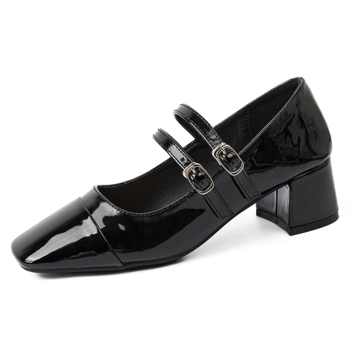 

Модные серебристые кожаные лоскутные туфли на среднем высоком каблуке для женщин, квадратный носок, двойной ремешок на щиколотке, туфли мэри джейн для женщин, туфли-лодочки, большой размер 43 34 чёрный