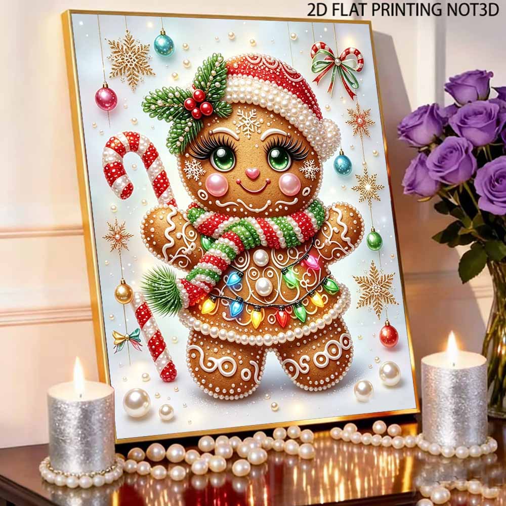 Weihnachts-Lebkuchenmann Perlenmalerei-Set mit Rahmen Glänzende Leinwandkunst Kreatives Basteln Heimdekoration Geschenk für festliche Feiertage