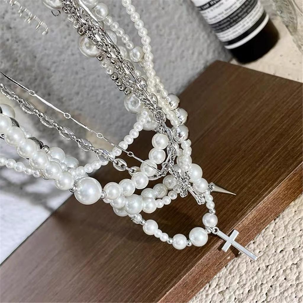 Tooxika Niche Design Cool Personality Cross Rivets Multi-element Stacking Pearl Necklace Light Luxury Sense Of High Class Collarbone Chain