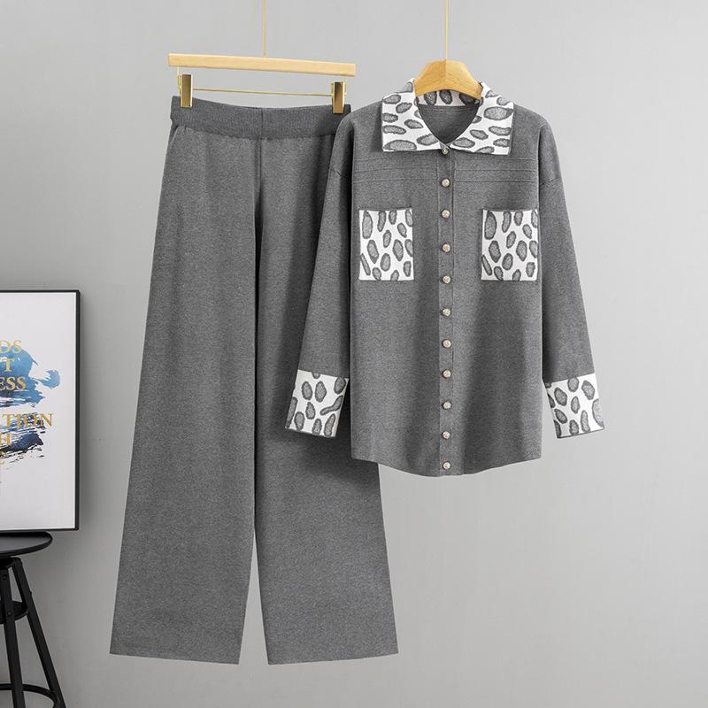 Women's Cross-Border Casual Knit Wide-Leg Pants & Polo Collar Cardigan Sweater Set for Spring/Autumn