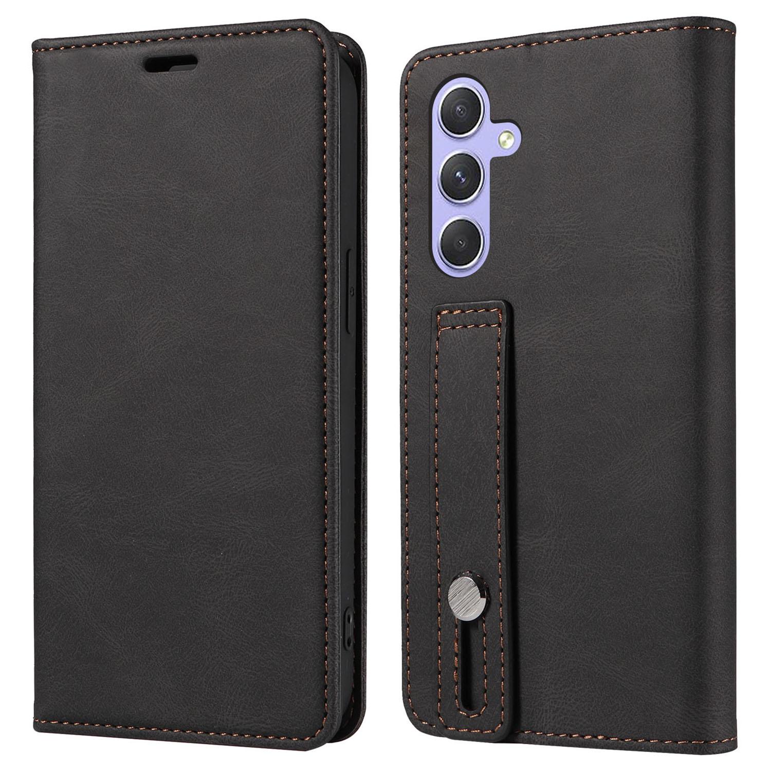 

For Samsung Galaxy S25 Case Wristband Design Stand Magnetic Leather Phone Wallet Cover Black