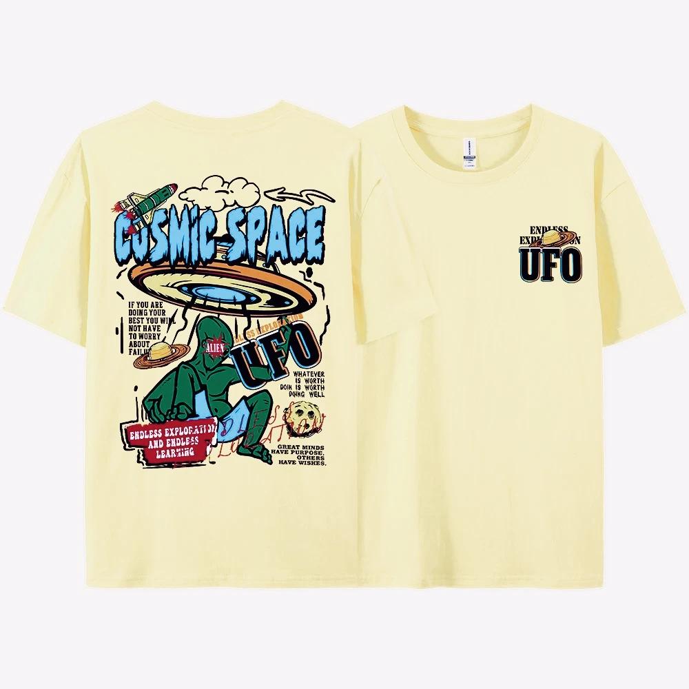 Summer Casual Tshirt Featuring UFO and Alien Prints in Space Large Size Wear Tshirt Summer Loose Short Sleeve Tee Top S
