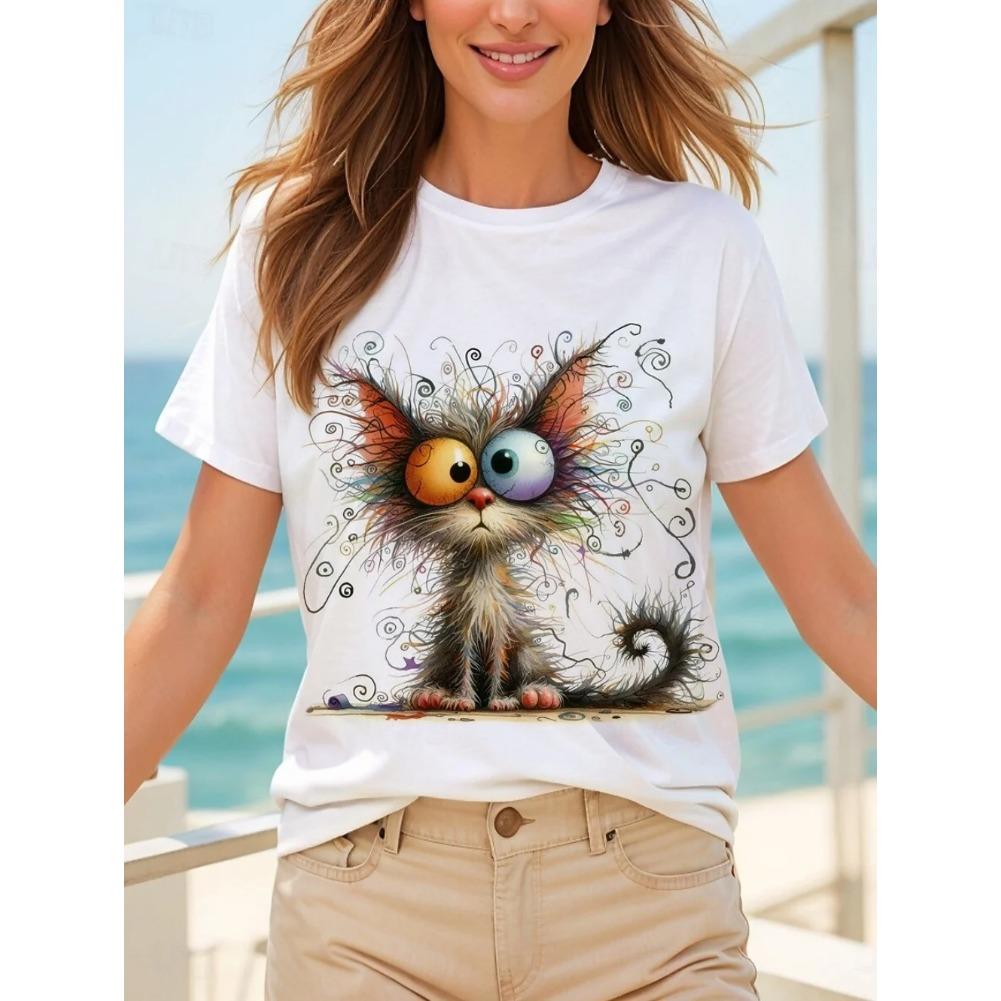 Women's T-Shirts Summer Casual Short Sleeve Tops Crew Neck Tee Fashion Streetwear Female Oversized Clothing Cartoon Cat T-Shirts