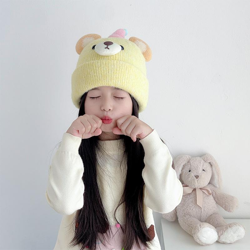 Autumn and Winter Children's Hats Cute Bear Wool Knitted Hat Double Layer Warm and Cold-proof Ear Protection Hat Pullover Woolen Hat