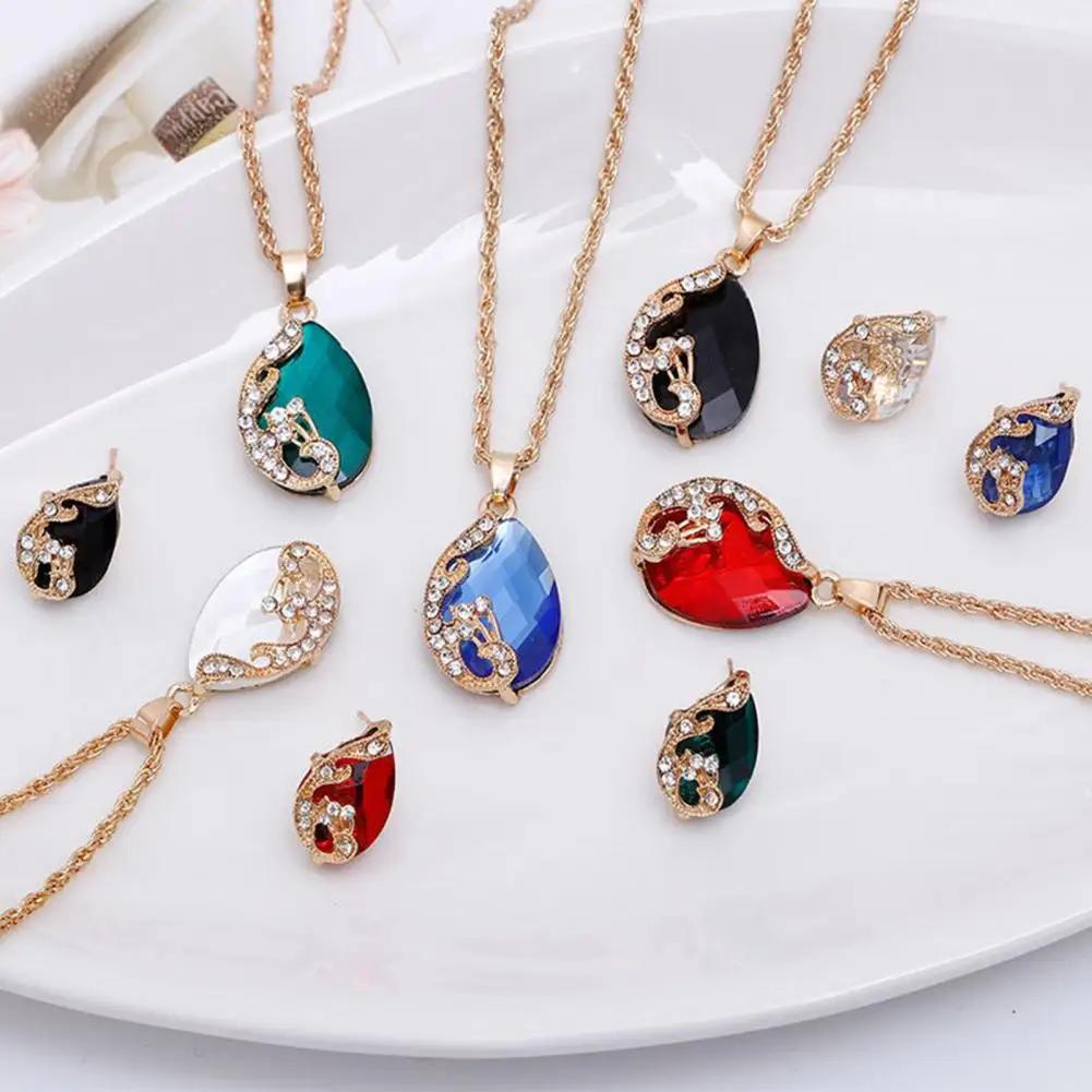 3PCS Peacock Gemstone Lady Jewelry Set Temperament Shiny Crystal Waterdrop Necklace Hoop Earring Ring Gold Color Evening Jewelry