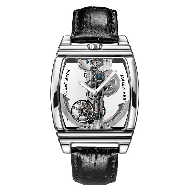 SHENHUA Mens Watches Top Brand Luxury Automatic Mechanical Transparent Skeleton Bridge Watch Leather Belt Wristwatch Male Clock