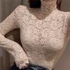 Rollkragenpullover mit langen Ärmeln, Perspektive, dünnes Bodenbildungsoberteil, Damen-Stickerei, Blumenmuster, Häkelspitze, Hohloberteil