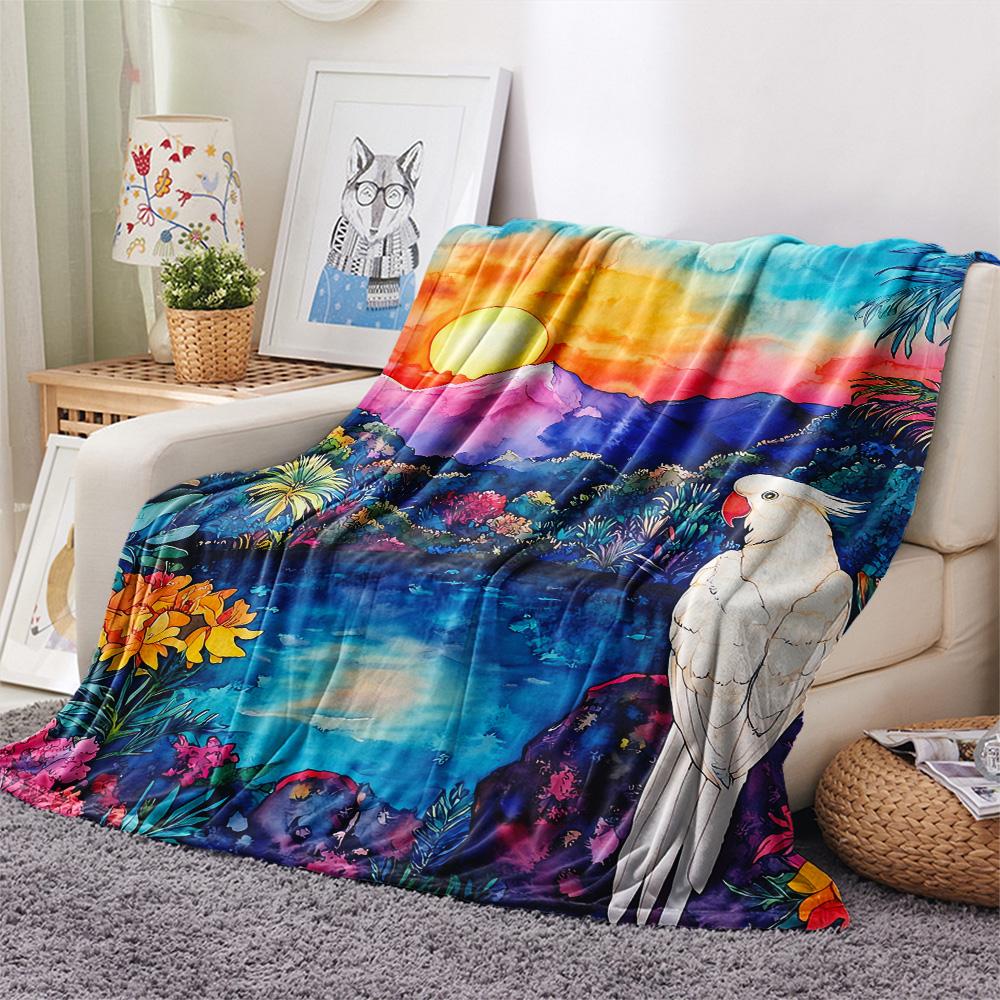 Rainforest Parrot Print Flannel Blanket, High Quality Comfortable for All Seasons, Home Decor, Warmth and Comfort, Perfect for Christmas Gifts