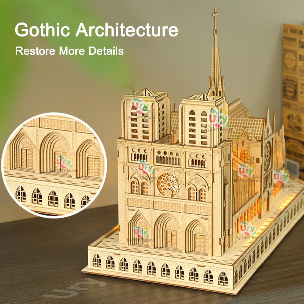 Puzzle 3D in Legno Cattedrale di Notre Dame a Parigi Castello Reale Con Luci Kit di Assemblaggio Per Adulti Modello Fai da Te Decorazione per Regali