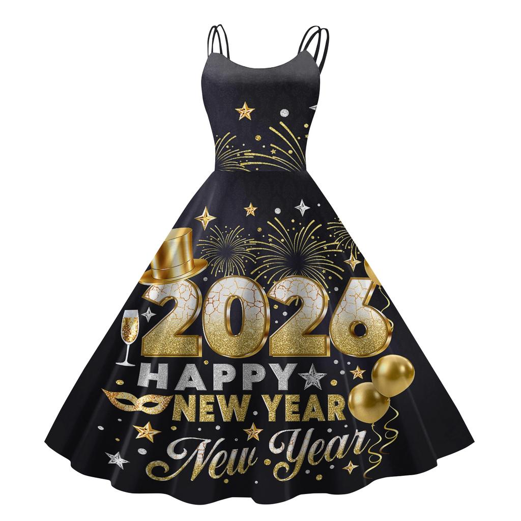 Dámské Novoroční Tištěné Ležérní Módní Midi Šaty s Kulatým Výstřihem