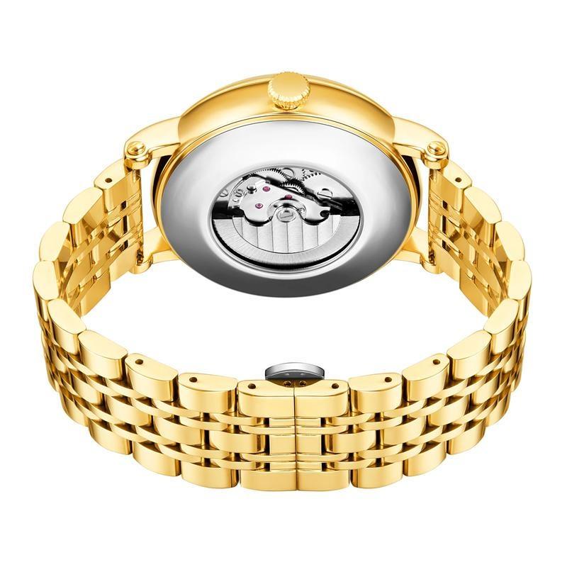 PINTIME Luxury Gold Stainless Watch Dragon Skeleton Mechanical Watch Men Moon Phase Tourbillon Wristwatch