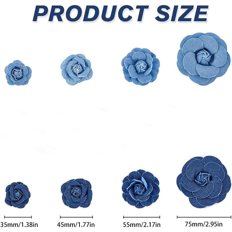 3/5Pcs 3.5/4.5/5/7/7.5CM Denim Artificial Blue Fabric Camellia Flower for Wedding Decor Women Handmade Cloth Corsage Accessory