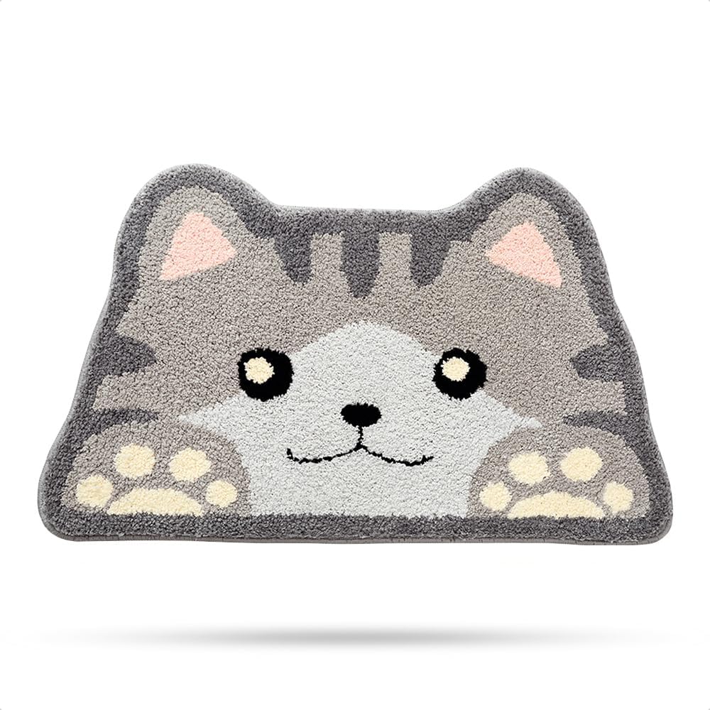 Cute Cat Bath Mat, Plush Microfiber Bathroom Rug Water Absorbent Bath Rug Non-Slip Soft Shower Rug Thick Shaggy Animal Floor Mats, Machine Washable,