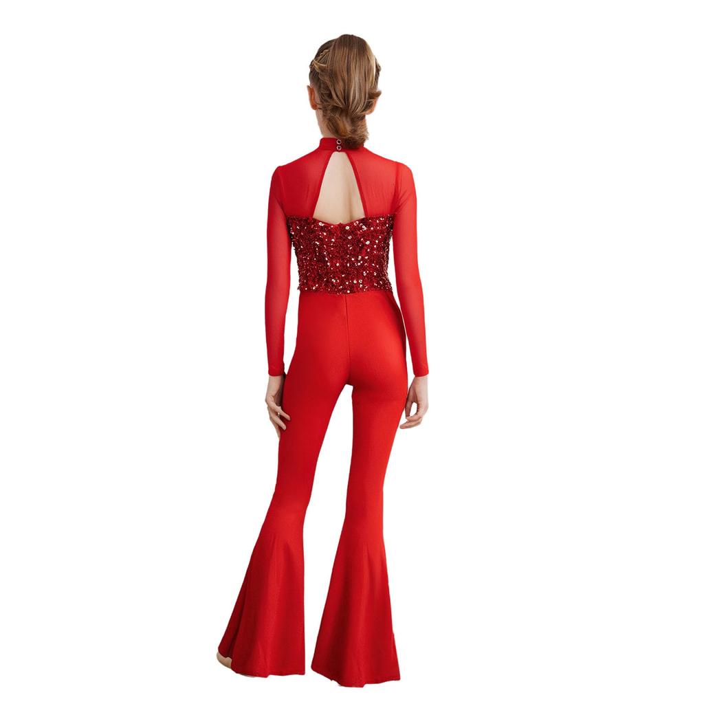 Girls Jazz Dance Costume Mock Neck Long Sleeve Cutout Back Sheer Mesh Sequins Bell Bottom Jumpsuit