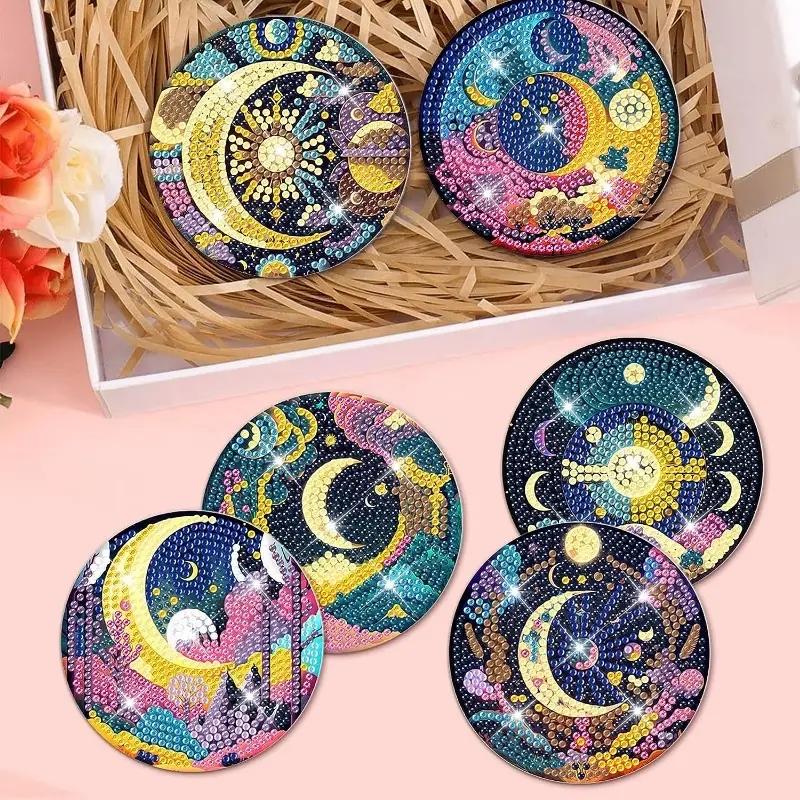 8 Pieces/set of Lunar Starry Sky Diamond Painted Coaster Set with Bracket DIY Coaster for Beginners and Adults, Gift of Art and Crafts Supplies