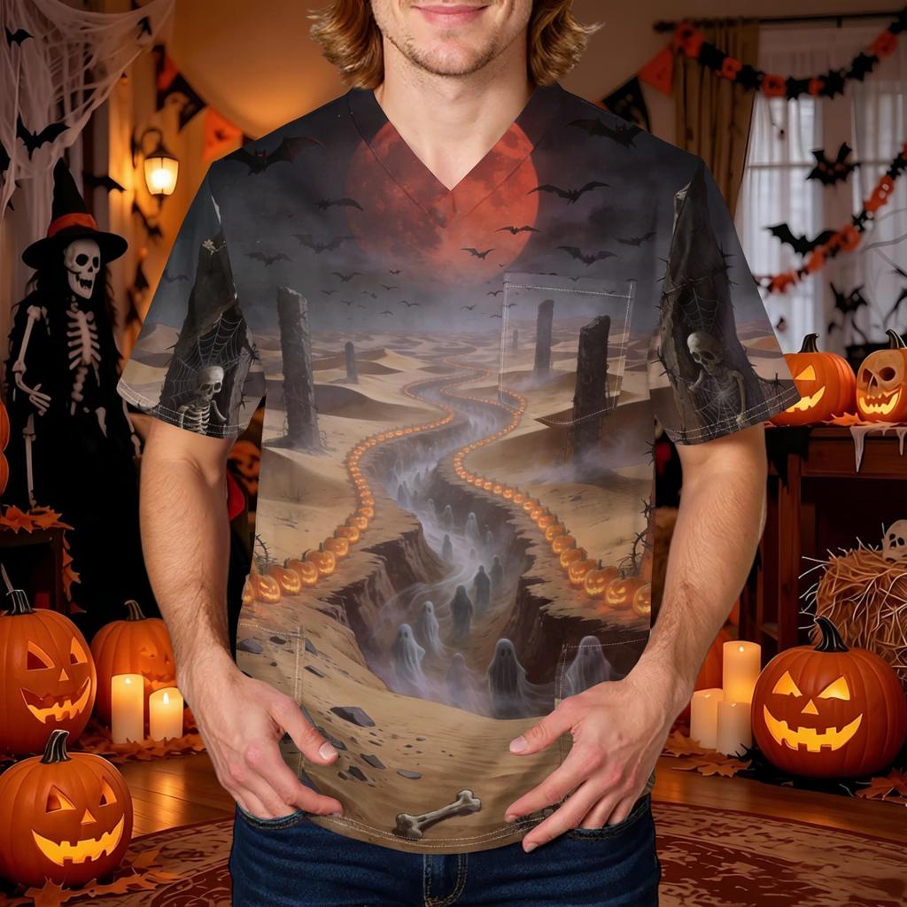 Men's Halloween Print V-Neck Scrub Top with Pockets Comfort Fit for Daily Work