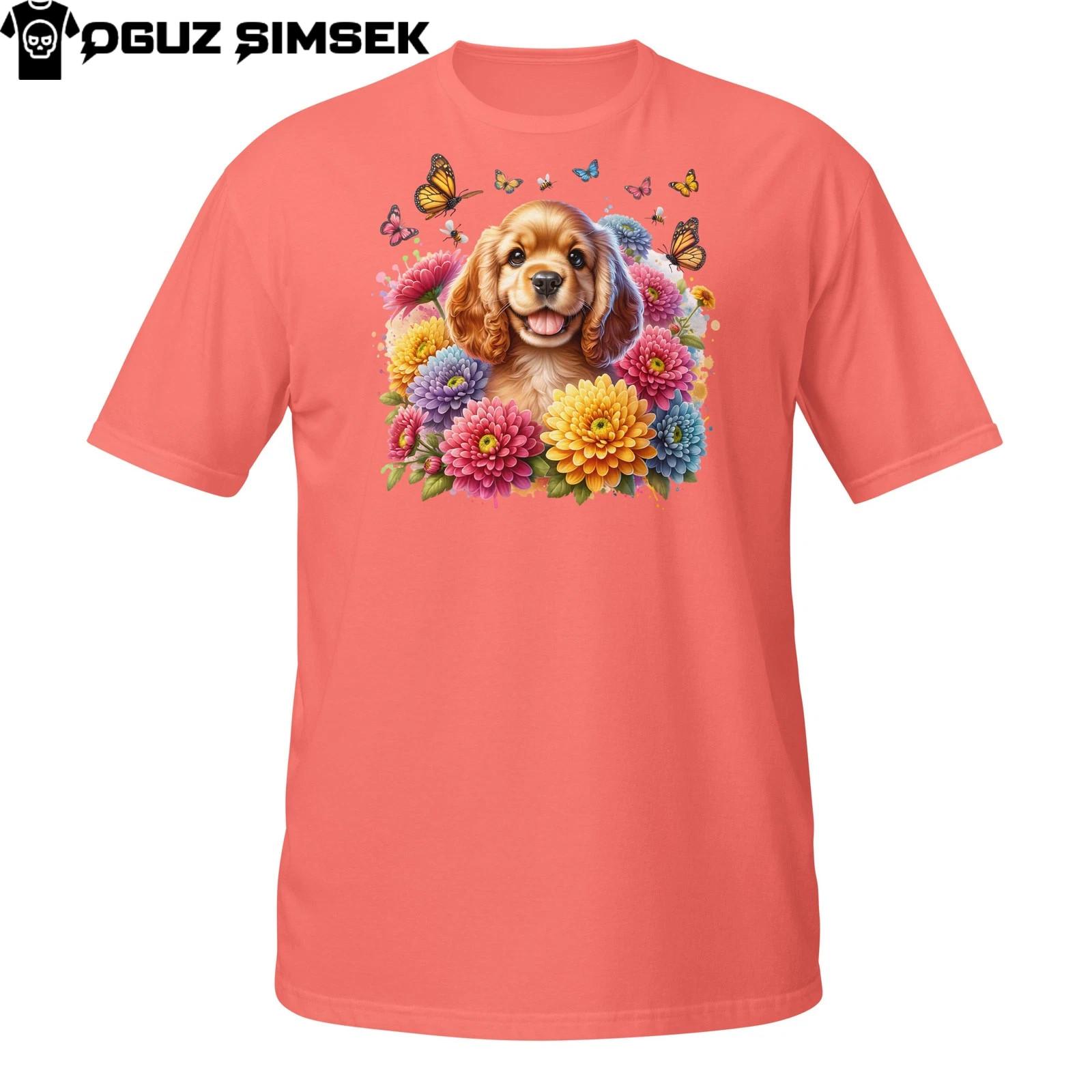 Floral Cocker Spaniel T-Shirt Mens Womens Tees Top – Happy Puppy with Butterflies and Blooms Design M