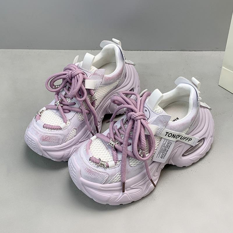 Women'S Breathable Single Mesh Leather Thick Bottom Dad Shoes Casual Sports Shoes Increased Height Lace-Up Autumn New Arrival