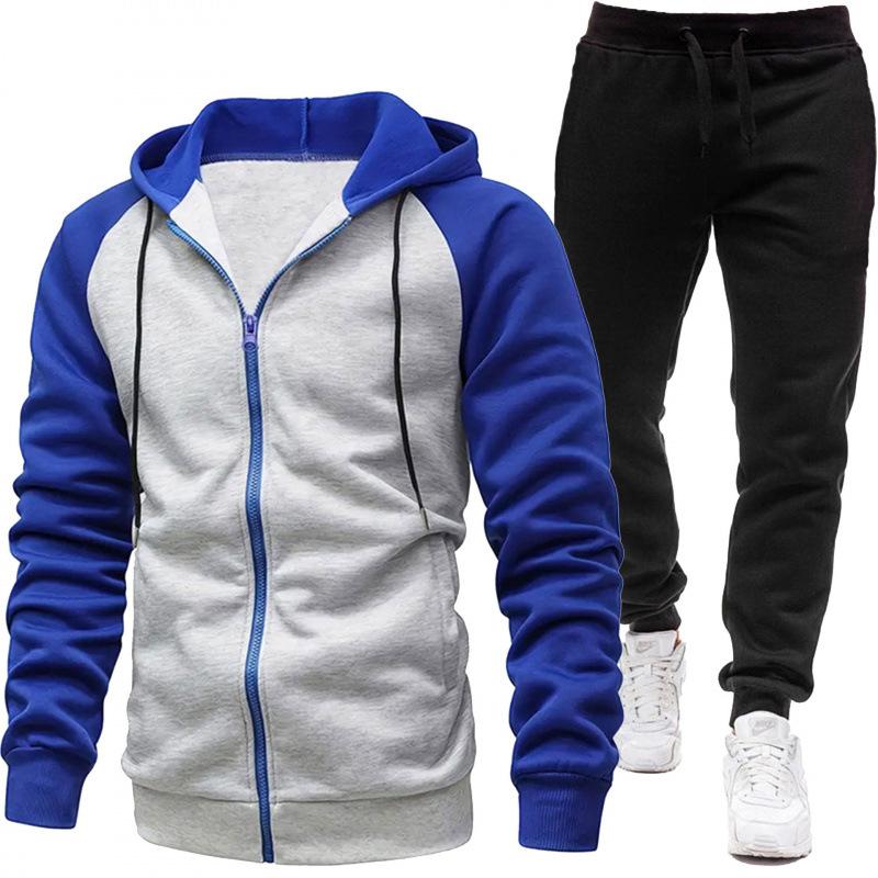 Men Clothes Jacket + Black Sports Pants For Autumn And Winter, Color-Blocked, Fashion Long Sleeve Casual Sweatshirt Set