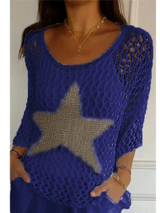 Elegant European & American Style Five-Star Round Neck Sweater with Three-Quarter Sleeves for Women