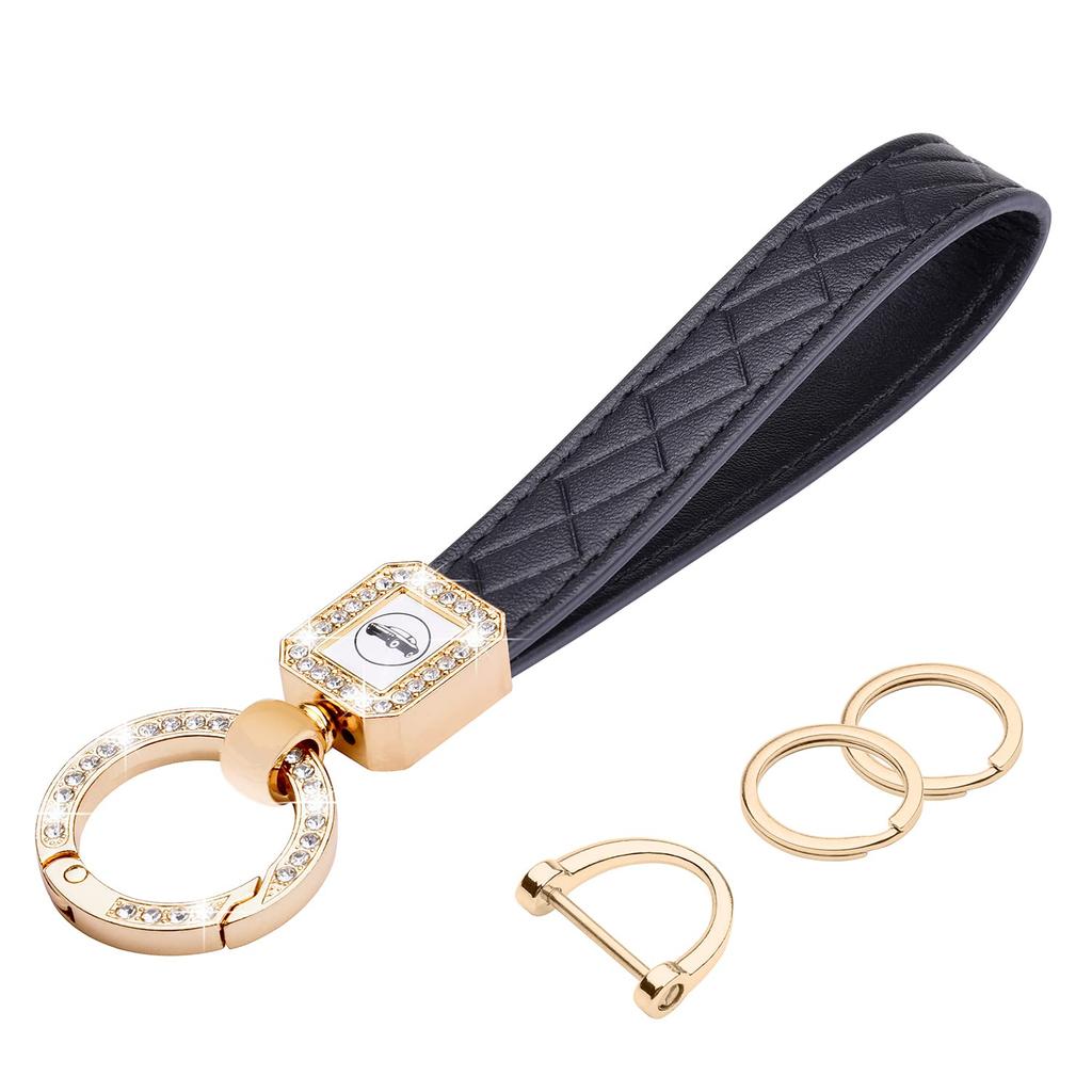 Wisdompro Car Key Key Chain, Sparkling Carabiner, PU Leather, Smart Key, Anti-Lost, Stylish, Cute, Women's, Black