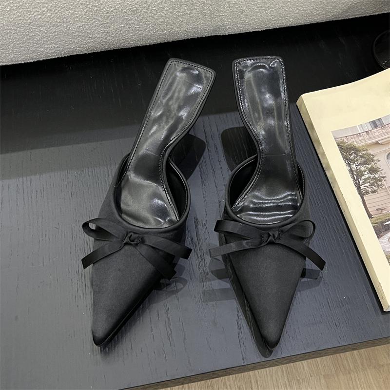 Eilyken Spring Summer Silk Butterfly-knot Women's Slippers Sandals Pointed Toe High Heel Pumps Ladies Stripper Mules Shoe