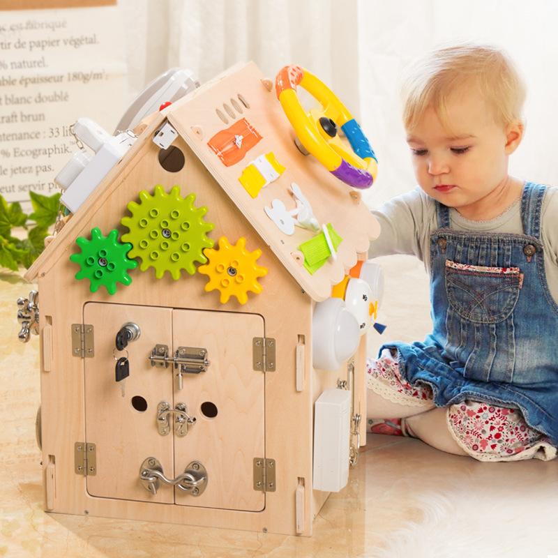 Early Education Blue Busy House Busy Board Wooden Montessori Unlocking Playing Music Concentration Training Teaching Children Toys