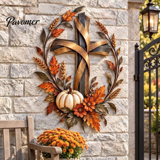 Floral Pumpkin Cross Sign Autumn Harvest Metal Wall Decor, Rustic with Golden Wheat Farmhouse Thanksgiving Door & Fall Leaves, Plaque for Porch Garden
