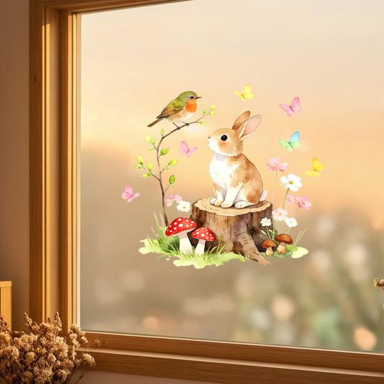 Adesivo per Finestra Design Uccello Coniglio, Decalcomania in Vetro Impermeabile ad Aderenza Elettrostatica per Soggiorno Camera da Letto Ingresso Decorazione Casa