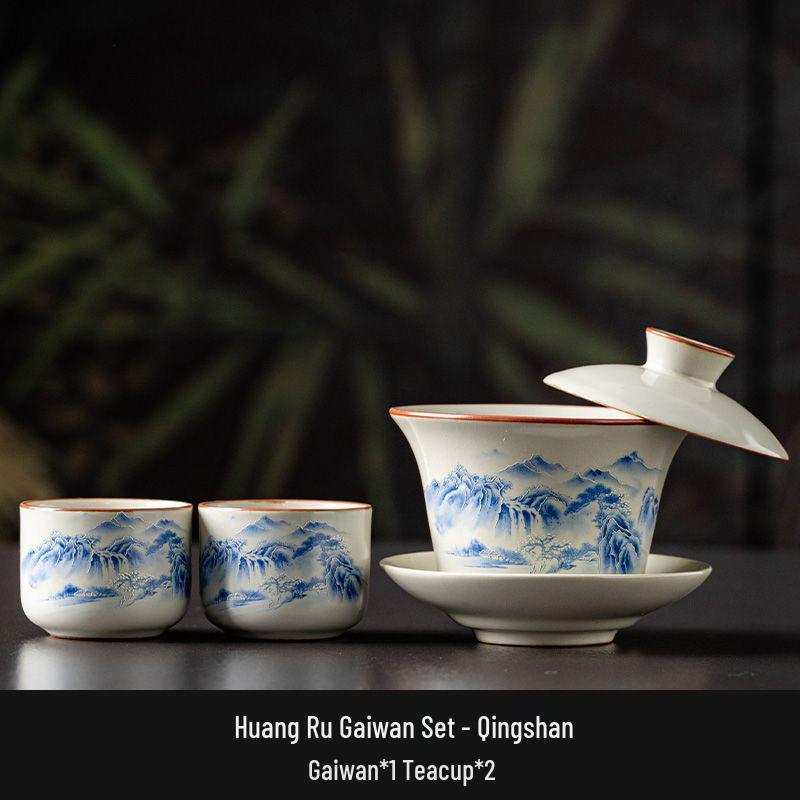 Premium Ru Ware Gongfu Tea Set with Cultivable Crackle Gaiwan and Offering Bowl
