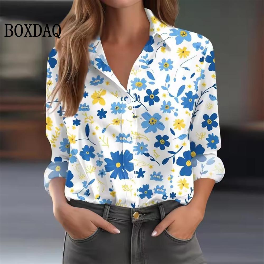 Autumn Women s Shirt Long Sleeved Lapel Tops Flower Pattern Casual Oversized Button Clothing Women Elegant and Fashionable Shirt S