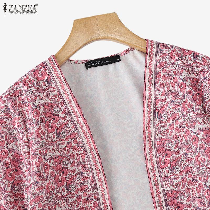 ZANZEA Womens Casual Open Front Loose Half Sleeve Bohemian Print Cardigan Cover Up Blouse
