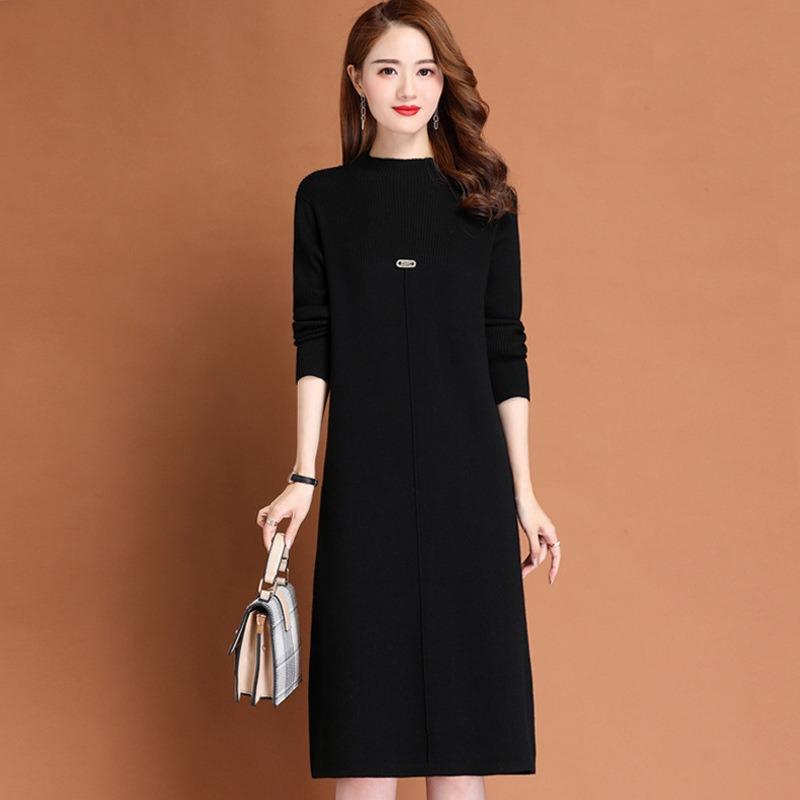 Knitted Dress Medium and Long Sweater Women's Autumn and Winter New Loose and Thin Semi-round Neck Bottoming Sweater Skirt