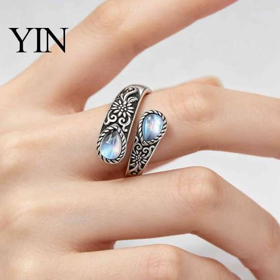 Couple Open Ring Vintage Faux Moonstone Ring, Waterdrop Fake Gemstone Adjustable Women Healing Stone Band Jewelry for Couple,