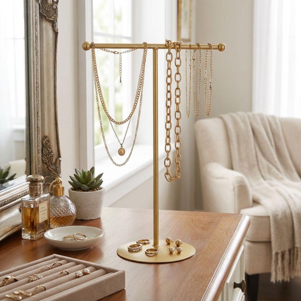 Metal Frame T-Shaped Stand Round Base Necklace Holder Jewelry Storage Rack Home Decoration