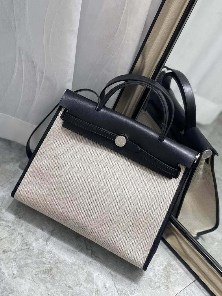 Geantă de umăr din piele de vacă/pânză impermeabilă de 31 cm, din piele naturală, cu geantă de mână de culoare contrastantă