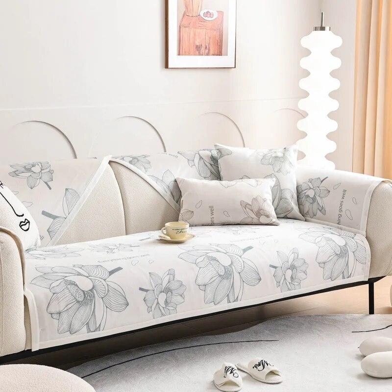 Summer Printed Ice Silk Sofa Cover Anti-slip Skin Friendly Living Room Sofa Cooler Cushion Sofa Cover Fabric Seat Cushion Cover