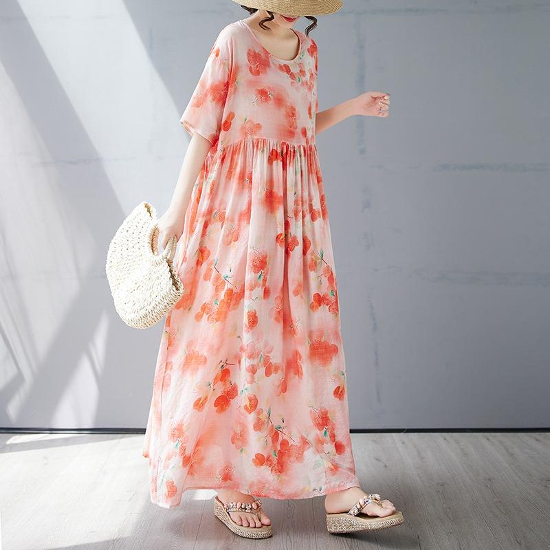 Summer New Simple Bohemian Long Dress Fattened and Enlarged Short-sleeved Crew Neck Printed Dress Women's Clothing